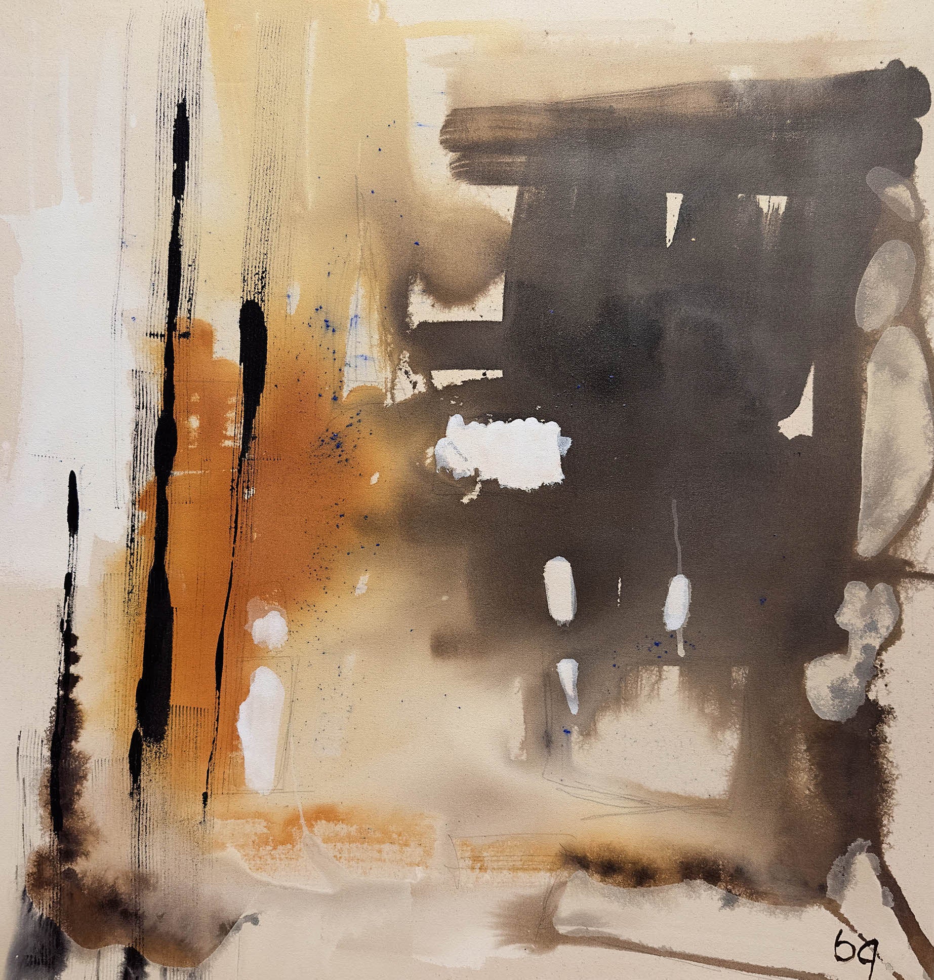 Birgitta Glenmarks abstrakta konstverk som visar en blandning av djärva linjer och subtila skuggningar, anpassat för mobiltelefon